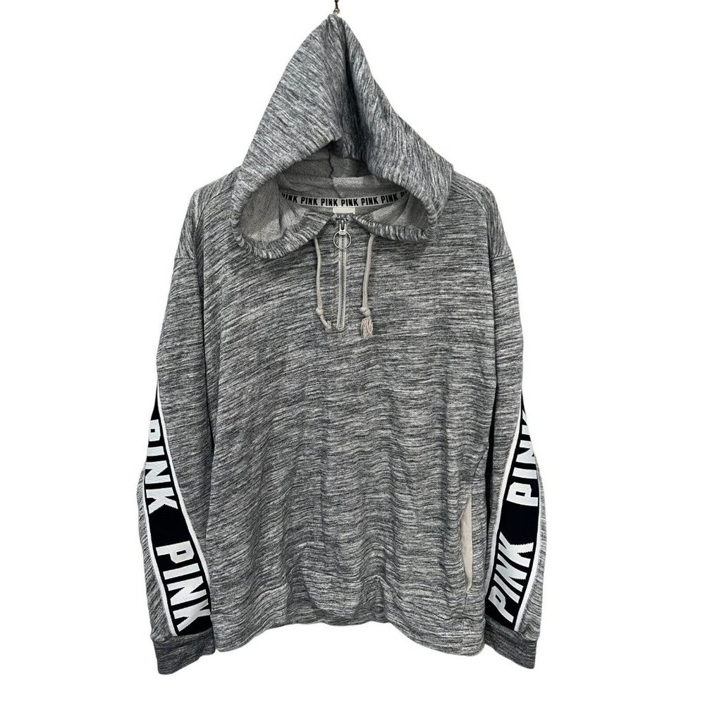 Victoria Secret Pink Hoodie Sweatshirt Womens M 1/4 Zip Heather‎ Gray Spellout